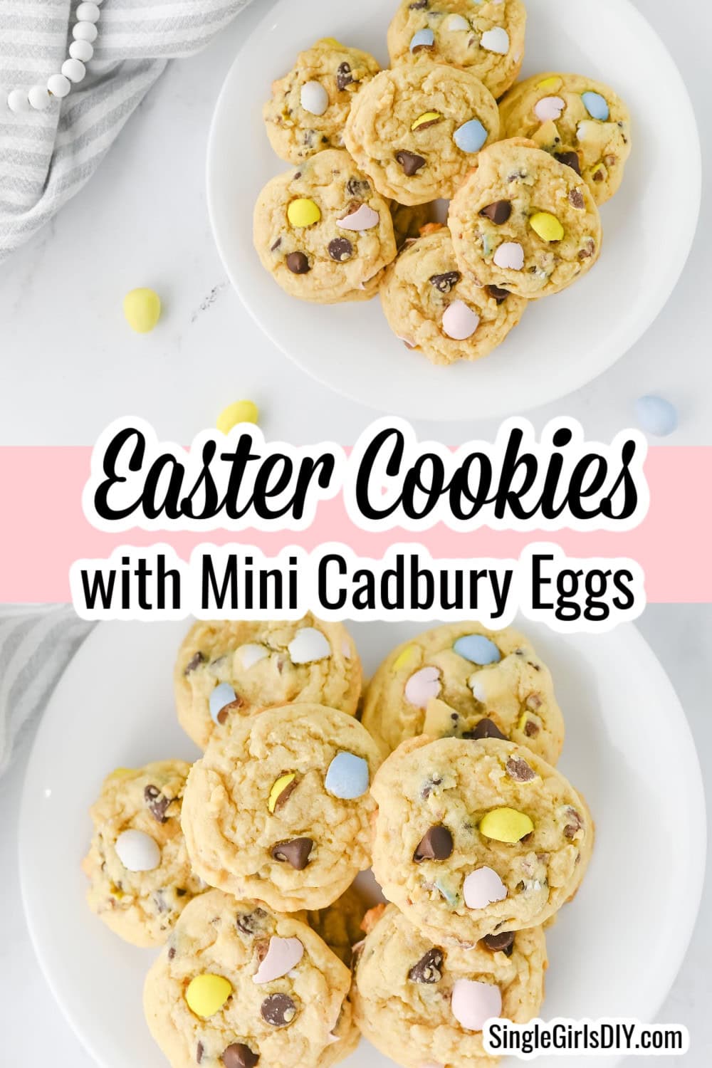 Two plates of cookies with chocolate chips and mini pastel-colored eggs on a white surface, labeled "Easter Cookies with Mini Cadbury Eggs.