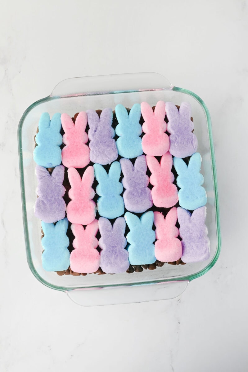 A baking dish filled with brownies topped with rows of pastel pink, blue, and purple marshmallow bunnies arranged neatly.