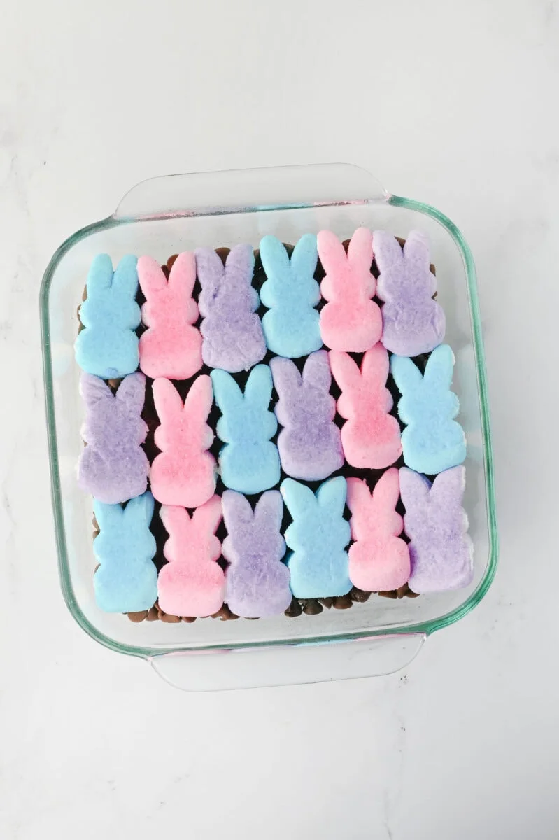 A baking dish filled with brownies topped with rows of pastel pink, blue, and purple marshmallow bunnies arranged neatly.