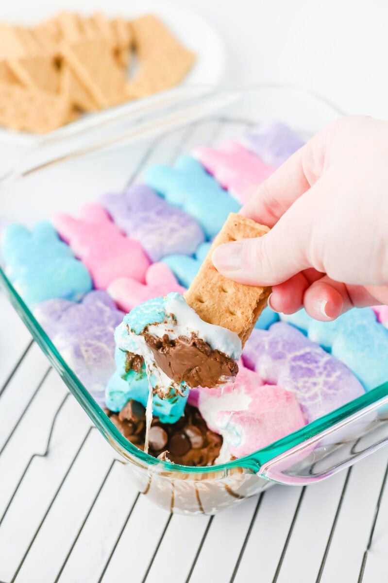 A hand is dipping a graham cracker into a dish of colorful marshmallows and melted chocolate on a wire rack.