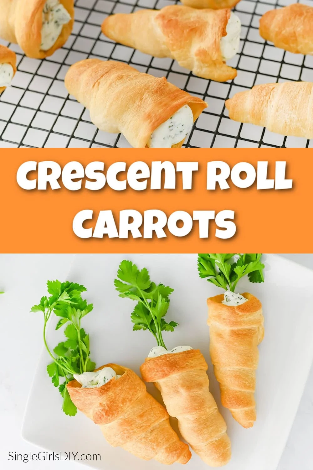 Crescent roll cones filled with cream cheese mixture, garnished with parsley, displayed on a cooling rack and a white plate.