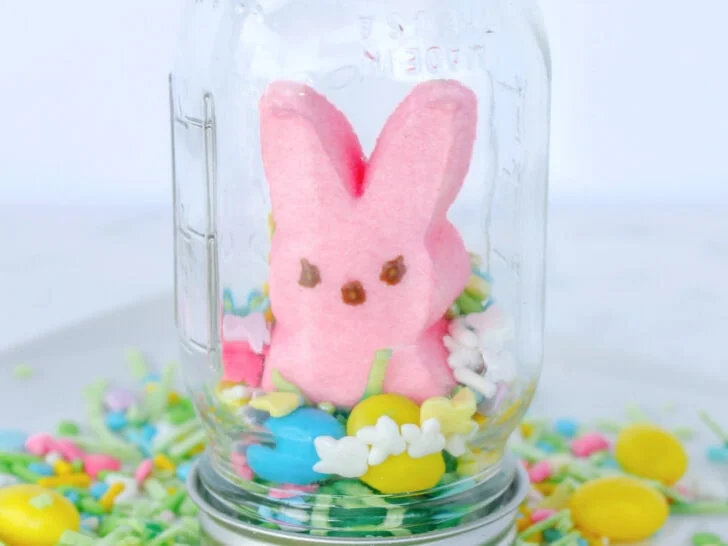 A pink bunny-shaped marshmallow is enclosed in an upside-down glass jar, surrounded by colorful sprinkles and candy on a white plate.