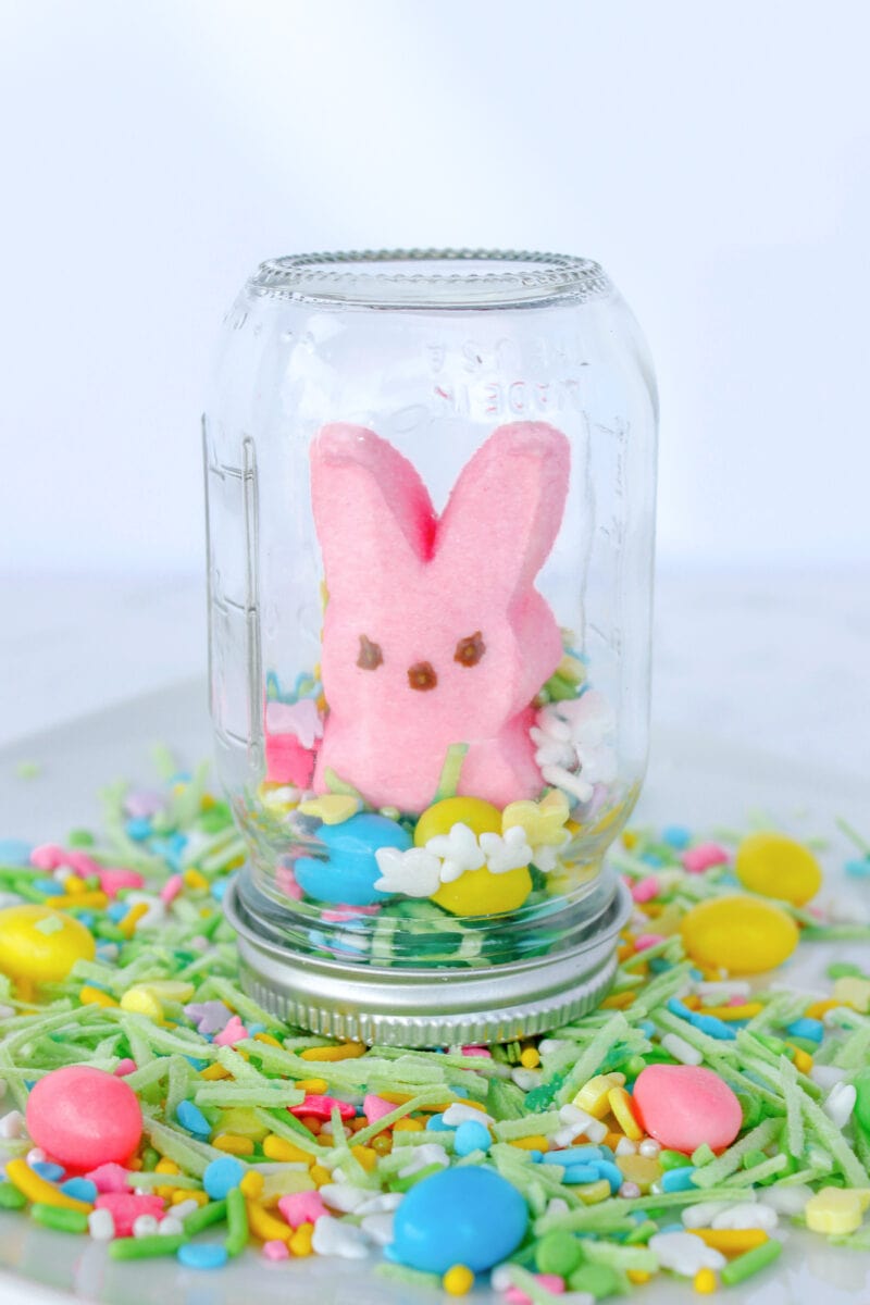 A pink bunny-shaped marshmallow is enclosed in an upside-down glass jar, surrounded by colorful sprinkles and candy on a white plate.