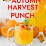 A glass mug and pitcher of non-alcoholic autumn harvest punch with orange slices, apples, cinnamon sticks, and rosemary, surrounded by fresh fruit on a white surface.