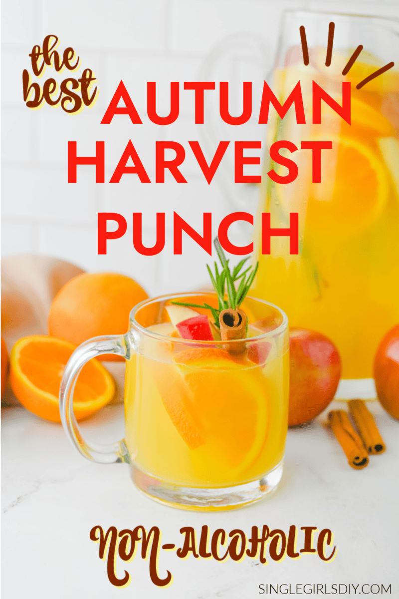 A glass mug and pitcher of non-alcoholic autumn harvest punch with orange slices, apples, cinnamon sticks, and rosemary, surrounded by fresh fruit on a white surface.