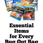 Packets of tuna and chicken in various flavors arranged above the text, "Essential Bug Out Bag Items for Every Emergency. How Many of These Do You Have? SingleGirlsDIY.com.