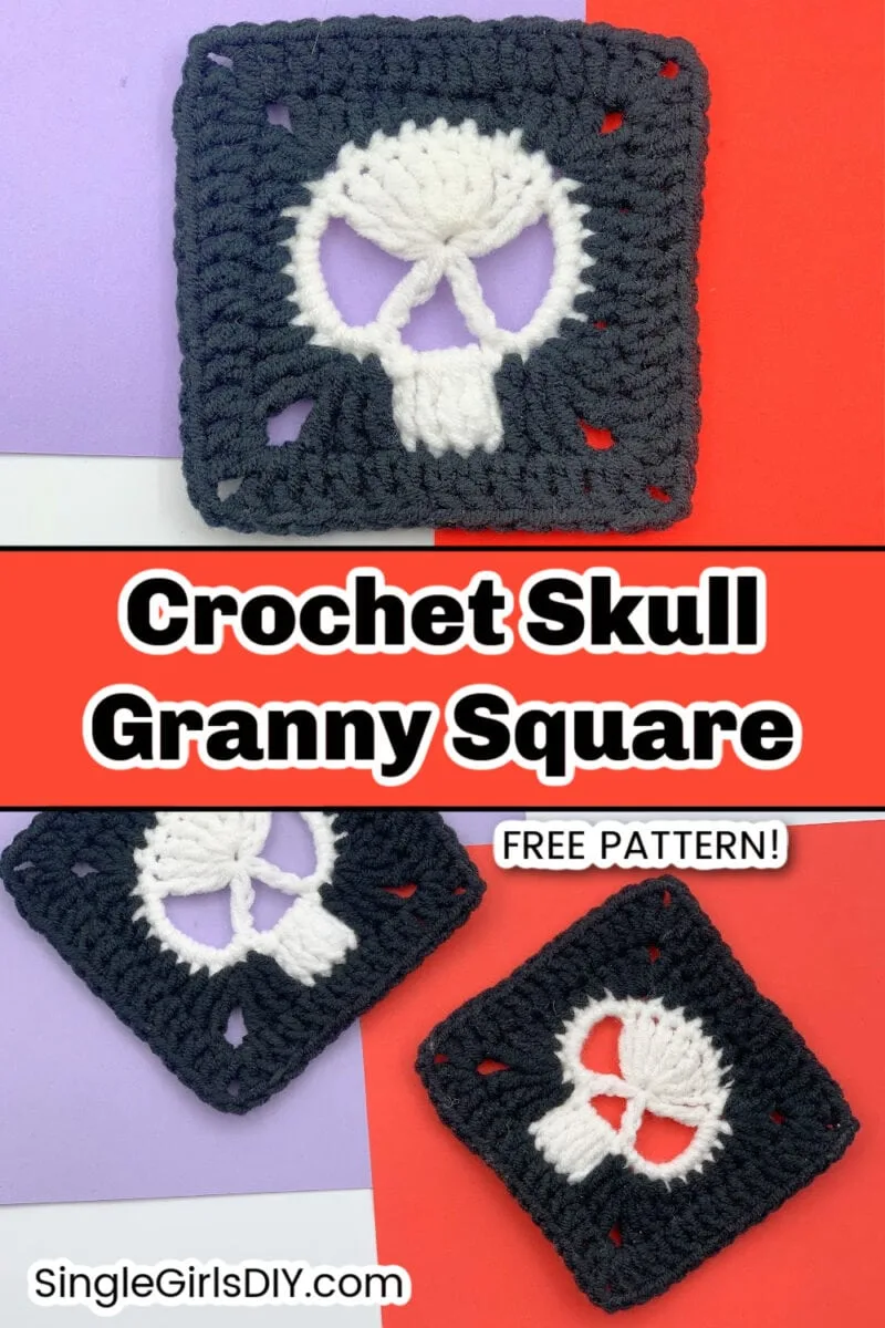 Three crocheted granny squares featuring white skull designs on a black background are shown on colored surfaces. Text reads: "Crochet Skull Granny Square, Free Pattern! SingleGirlsDIY.com.