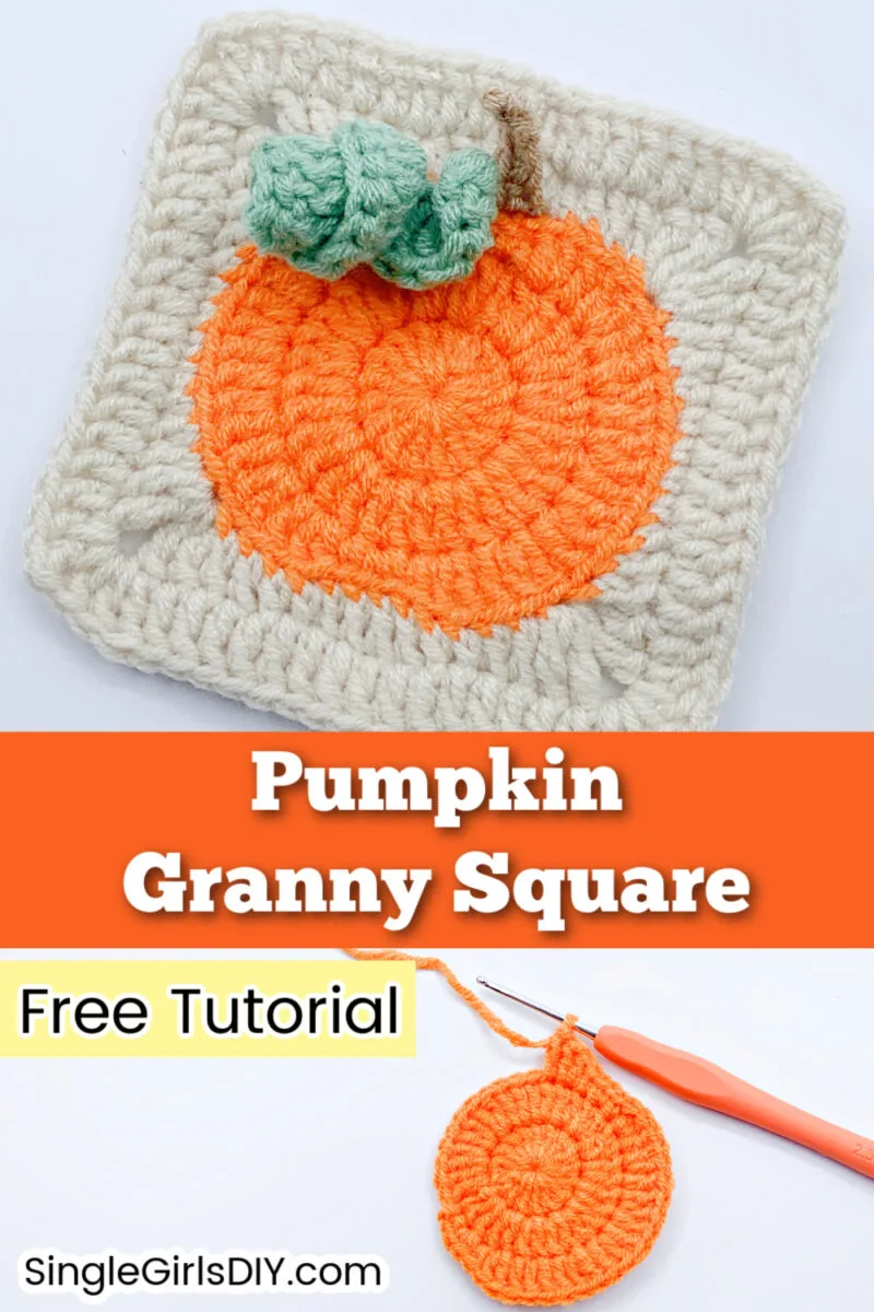 Crocheted pumpkin granny square with orange pumpkin and green stem on a white background, plus a crochet hook and partially completed pumpkin circle. Text reads "Pumpkin Granny Square Free Tutorial.