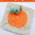 Crocheted granny square featuring an orange pumpkin with a green stem on a cream background. Text reads "Pumpkin Granny Square Free Pattern SingleGirlsDIY.com".
