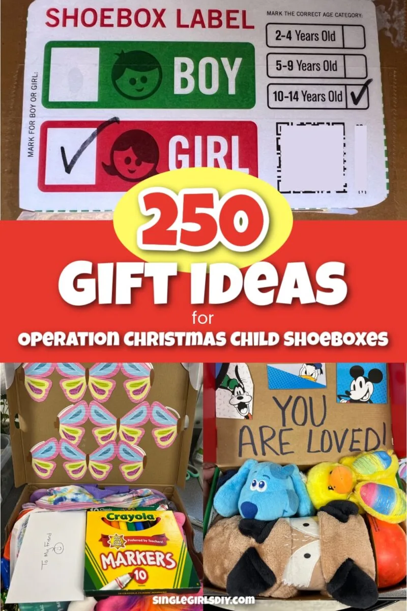 Collage featuring a shoebox label, “250 Gift Ideas” text, handmade heart crafts, coloring supplies, and stuffed toys—perfect inspiration for your Operation Christmas Child shoebox donations.