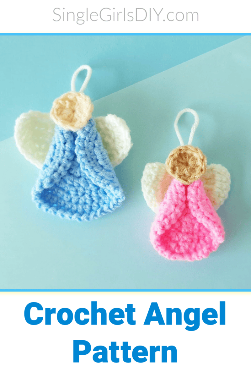 Two crocheted angel ornaments, one blue and one pink, with white wings and halo, displayed on a blue background. Text reads &ldquo;Crochet Angel Pattern.&rdquo;.