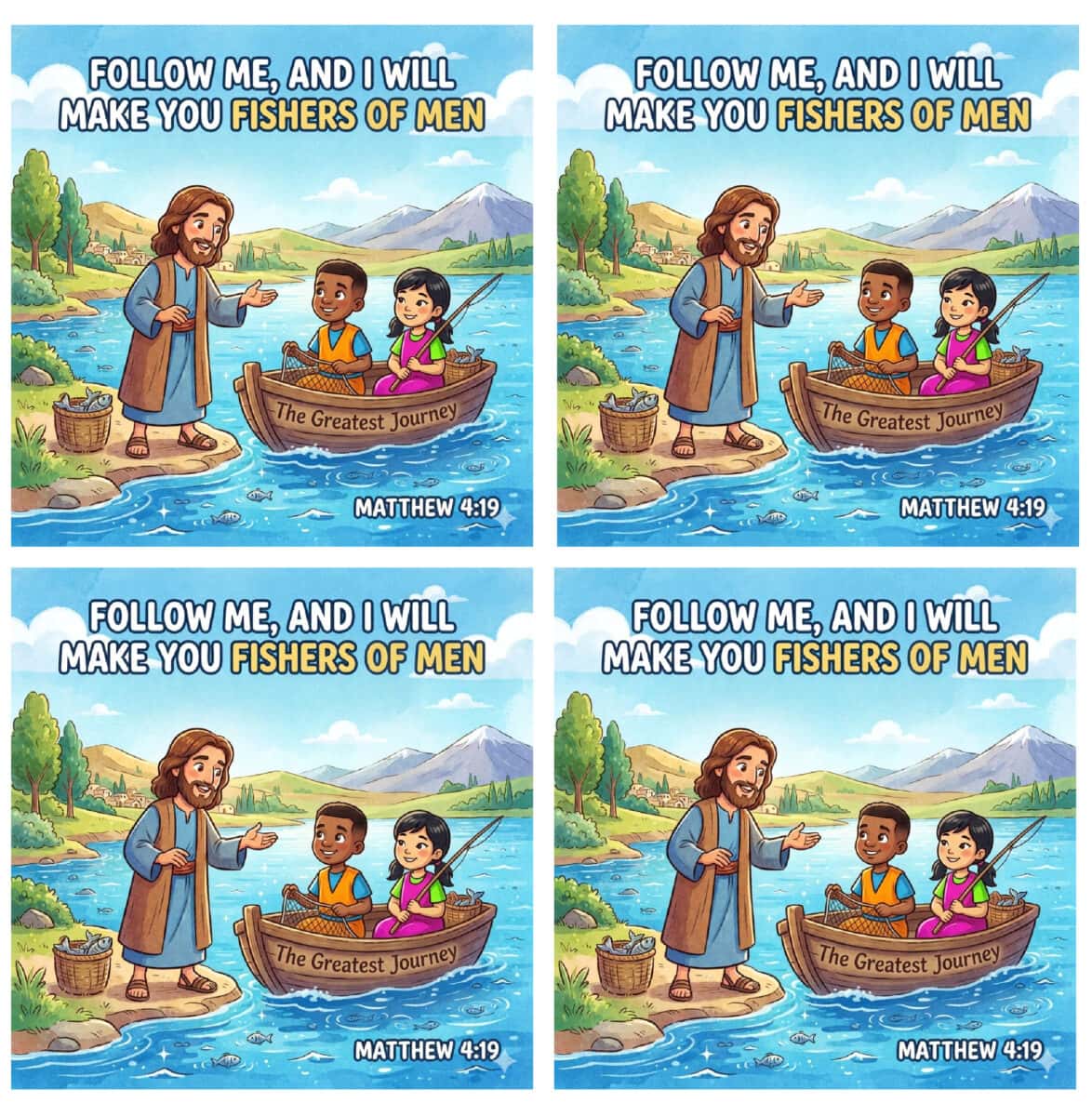 Jesus stands by a boat with two children sitting inside on a river, each holding a colorful pony bead fish keychain; text reads, &ldquo;Follow me, and I will make you fishers of men. Matthew 4:19.&rdquo; The scene is repeated four times.